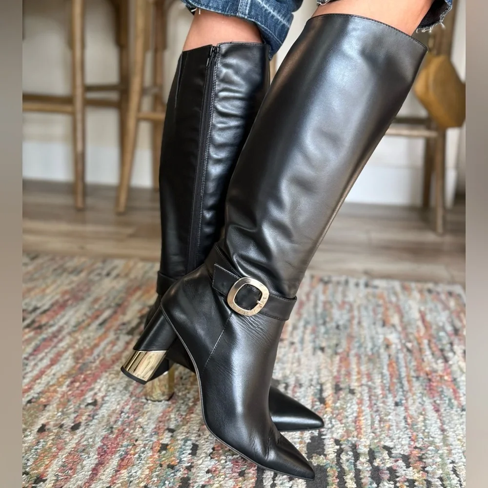 Black Knee High Leather Boots with Gold detail buckle and heel! Soft leather - Picture 8 of 10